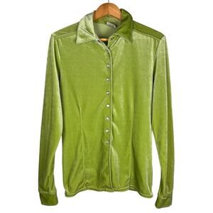 Partners Vintage Green Crushed Velvet Snap Button Long Sleeve Y2K Top Womens M